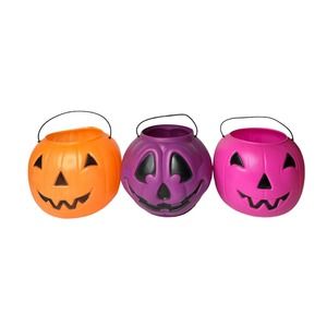 Vtg General Foam Plastics Blow Mold Jack-O-Lantern Candy Pail Purple Pink Orange